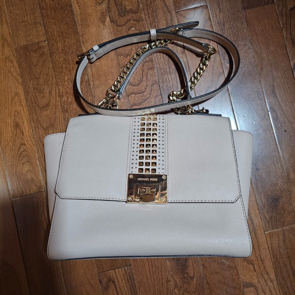 Michael Kors Tina Studded East West Satchel Purse in Light Pink